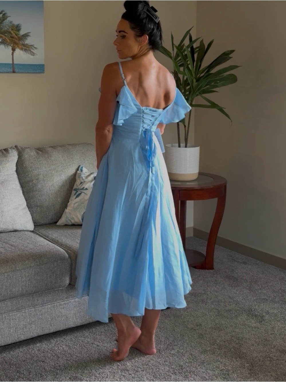 Light Blue Ruffle Cold-Shoulder Midi Dress - Picture 3 of 8